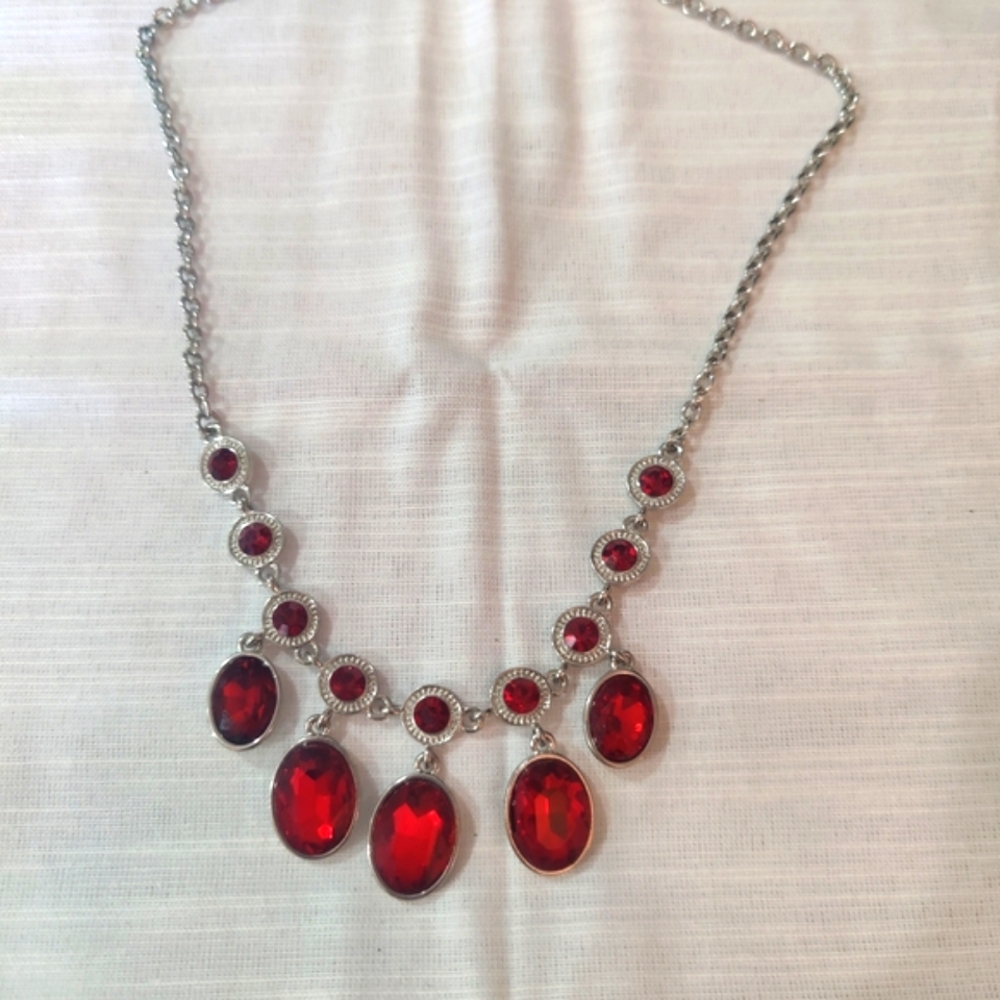 Vintage C1946 Silver And Red Statement Necklace - image 1